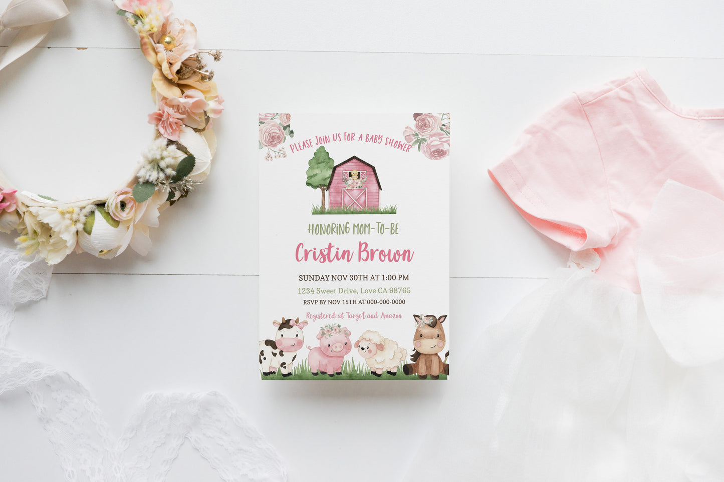 Floral Farm Baby Shower Invitation | Girl Barnyard Baby Shower Invite - 11A