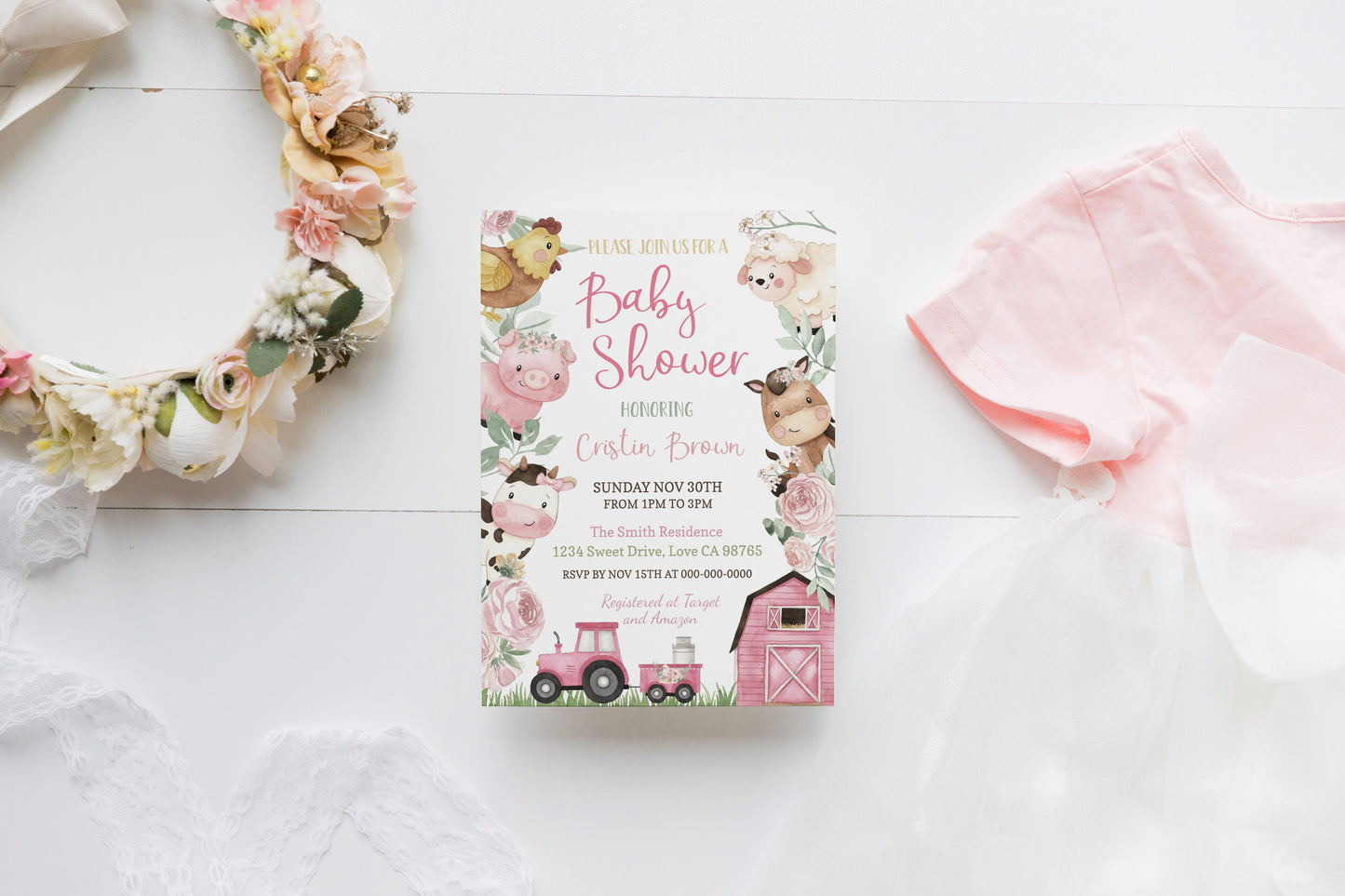 Floral Farm Animals Baby Shower Invitation | Barnyard Girl Baby Shower Invite - 11A