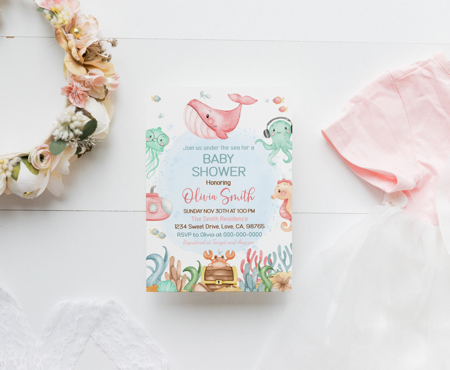 Editable Girl Under the Sea Baby Shower Invitation | Ocean shower Invite - 44A