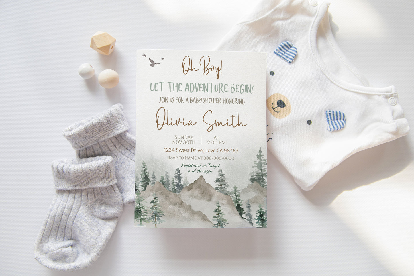 Let The Adventure Begin Invitation | Editable Mountains Baby Shower Invite - 47H