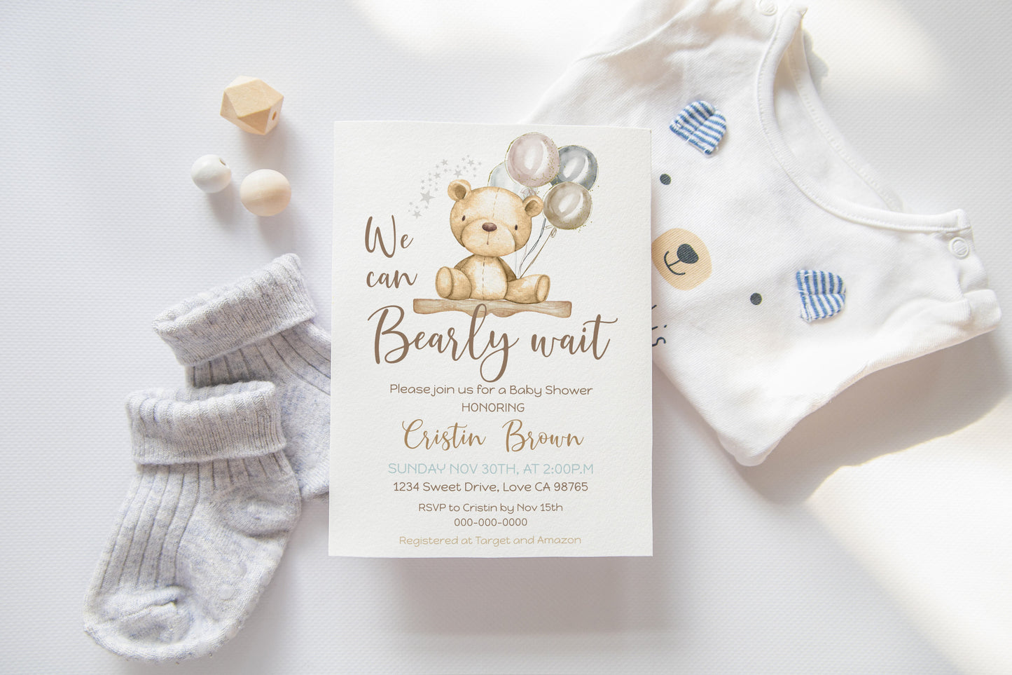Teddy bear baby shower invitation | Editable boy baby shower invite - 76A