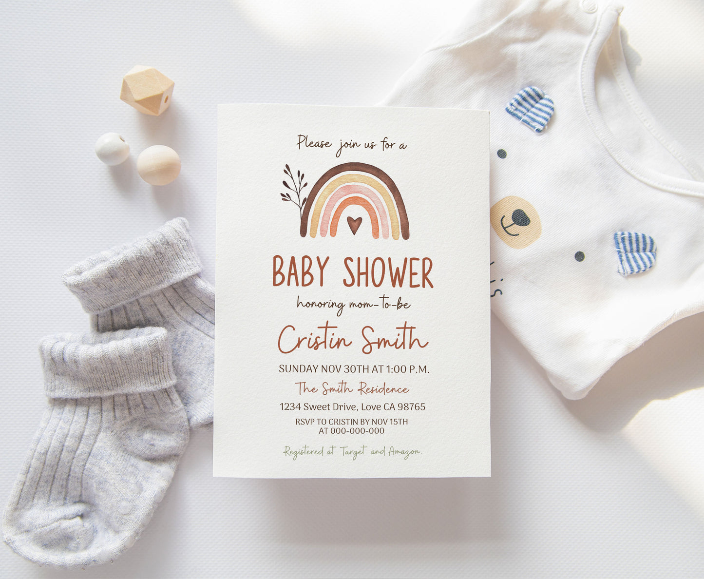EDITABLE Boho Rainbow Baby Shower Invitation | Neutral Rainbow Baby Shower Invite - 33B