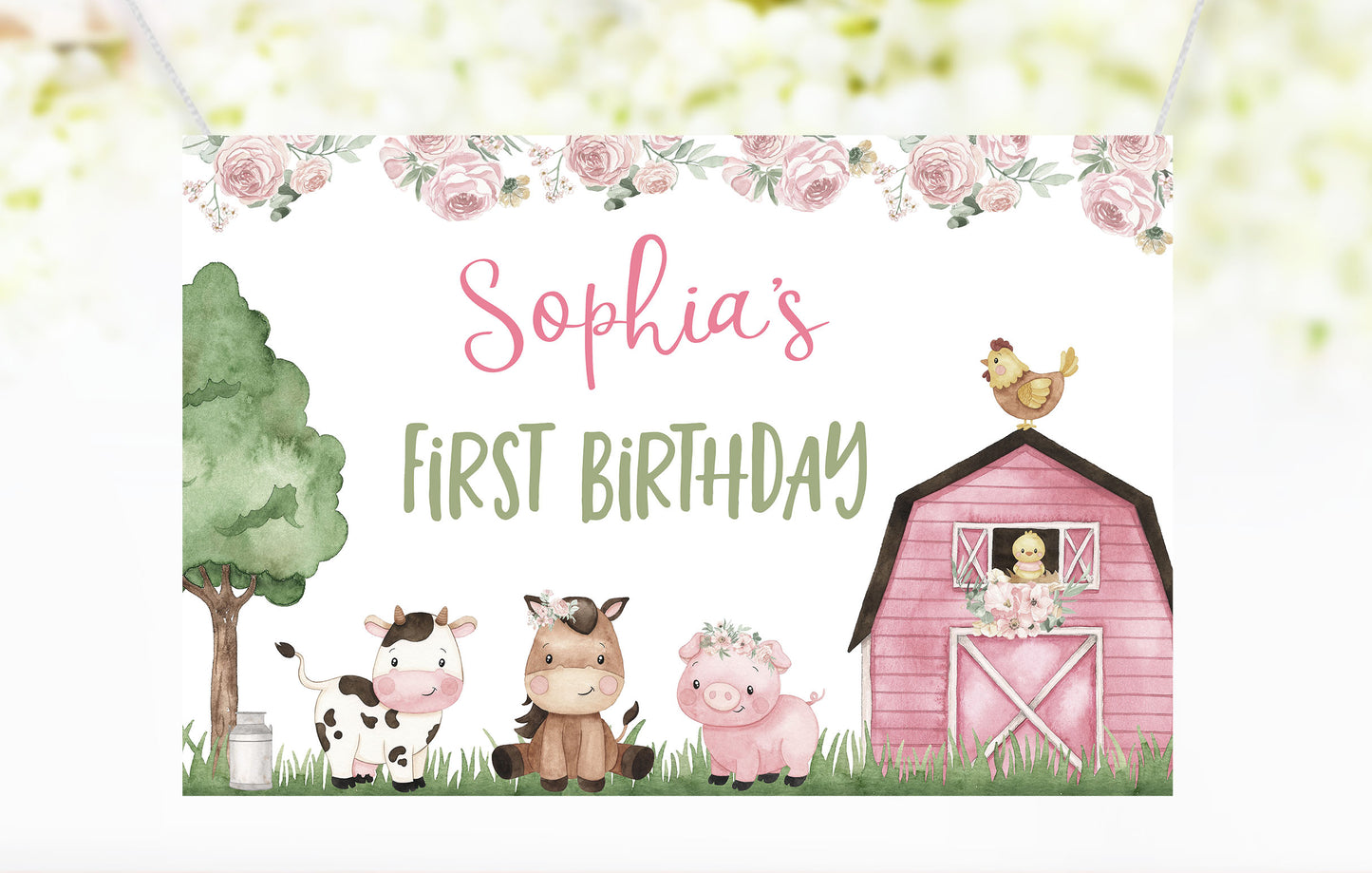 Editable Girl Farm Birthday Backdrop Banner | Pink Barnyard Party Sign - 11A