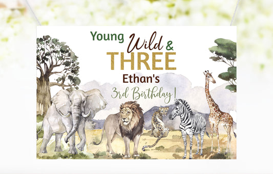 Editable Young wild and three Birthday Backdrop Banner | Safari Party Sign - 35I