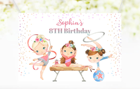 Editable Gymnastic Backdrop | Girl gymnastic Birthday Party Sign - 99A