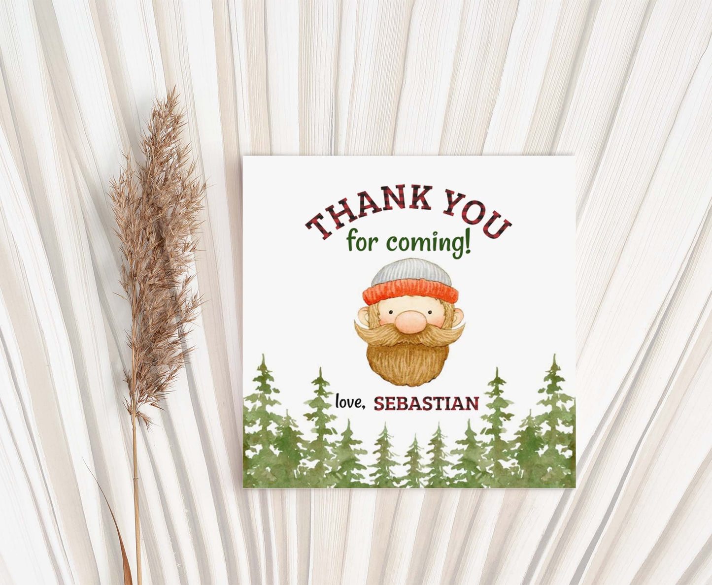 Editable Lumberjack Thank You Tags 2"x2" Round and Square | Lumberjack Birthday Party Decorations - 19A