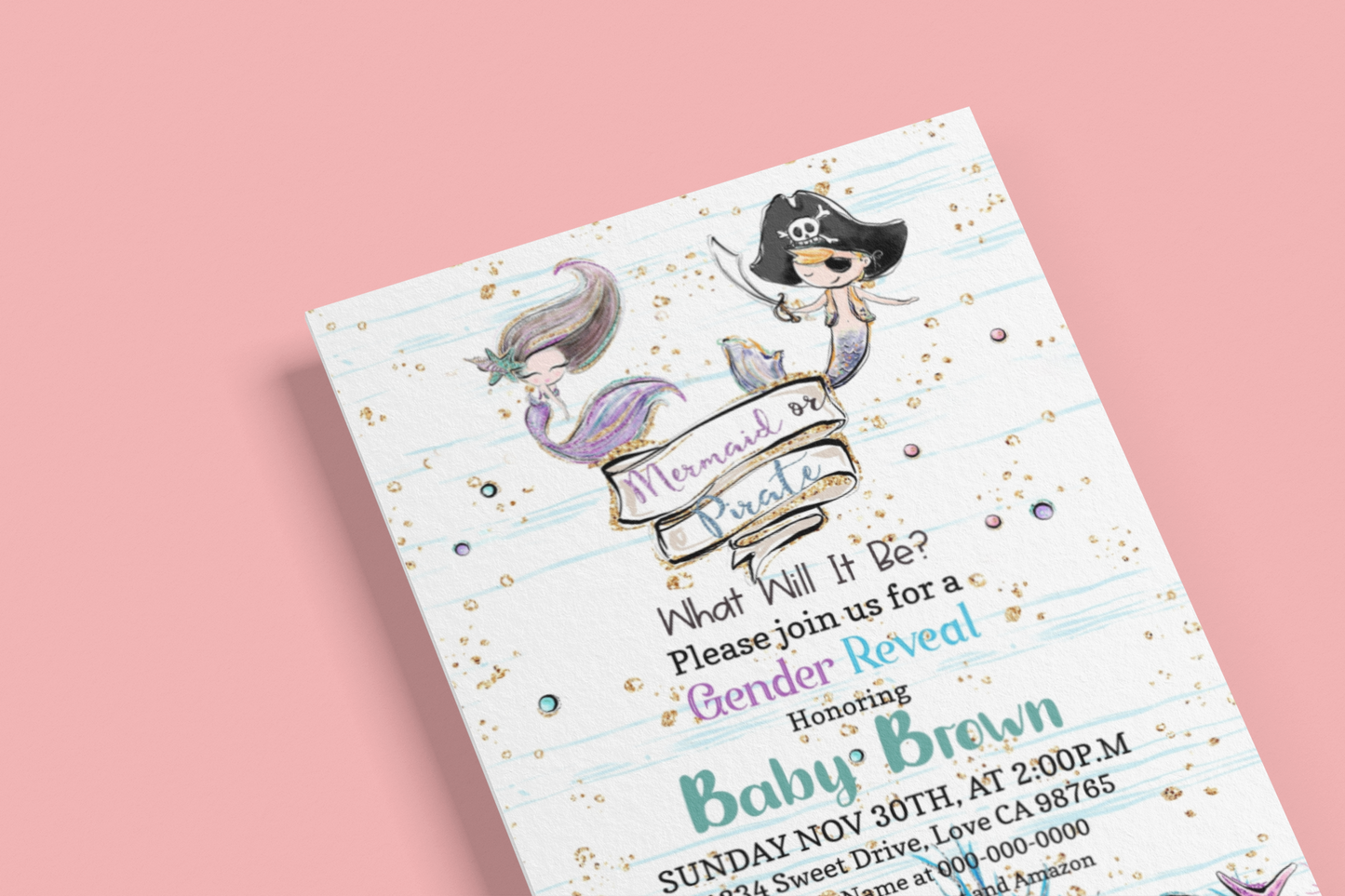 Mermaid or Pirate Editable Invitation | Blue or Pink  Gender Reveal Invitation 20A1