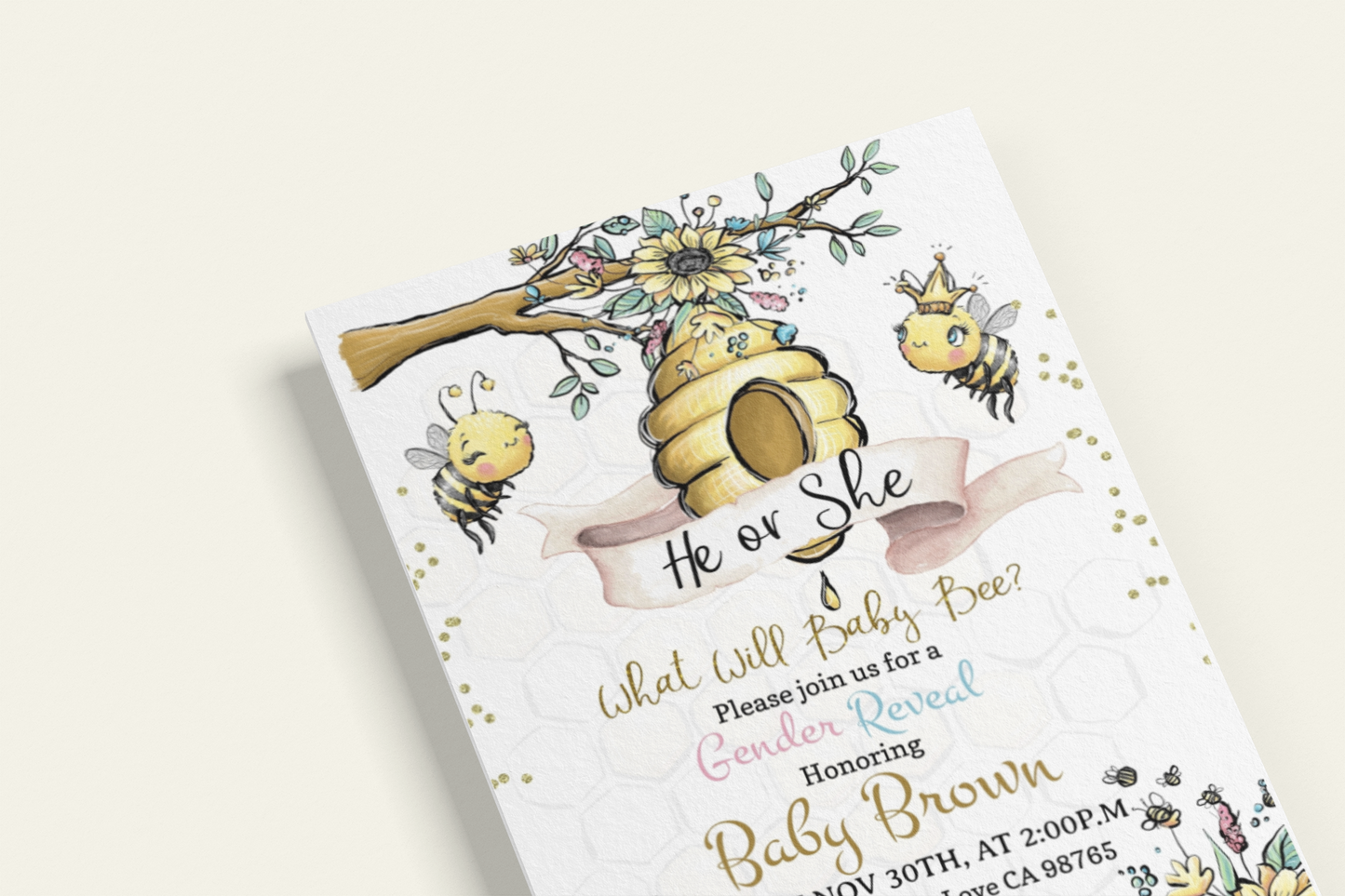 Bee He or She Editable Invitation | Honeycomb Gender Reveal 61A