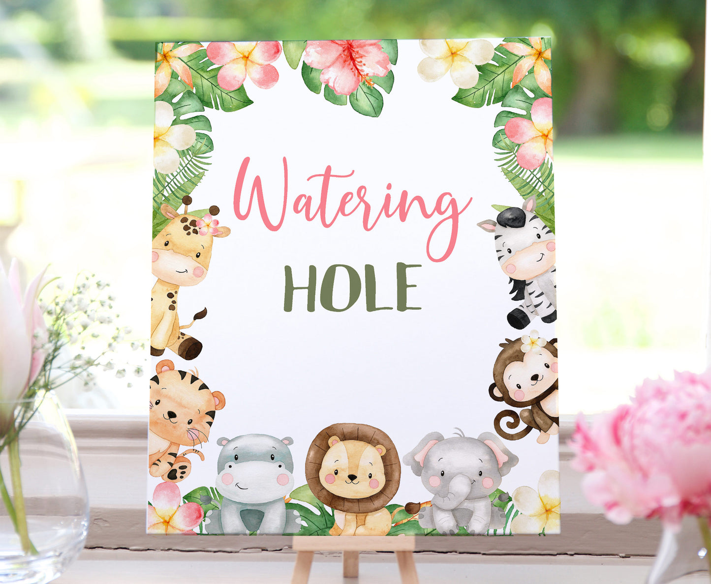 Safari Watering Hole Sign | Girl Jungle Animals Party Table Decorations - 35E