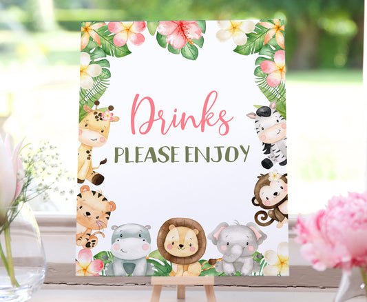 Safari Drinks Sign | Girl Jungle Animals Party Table Decorations - 35E