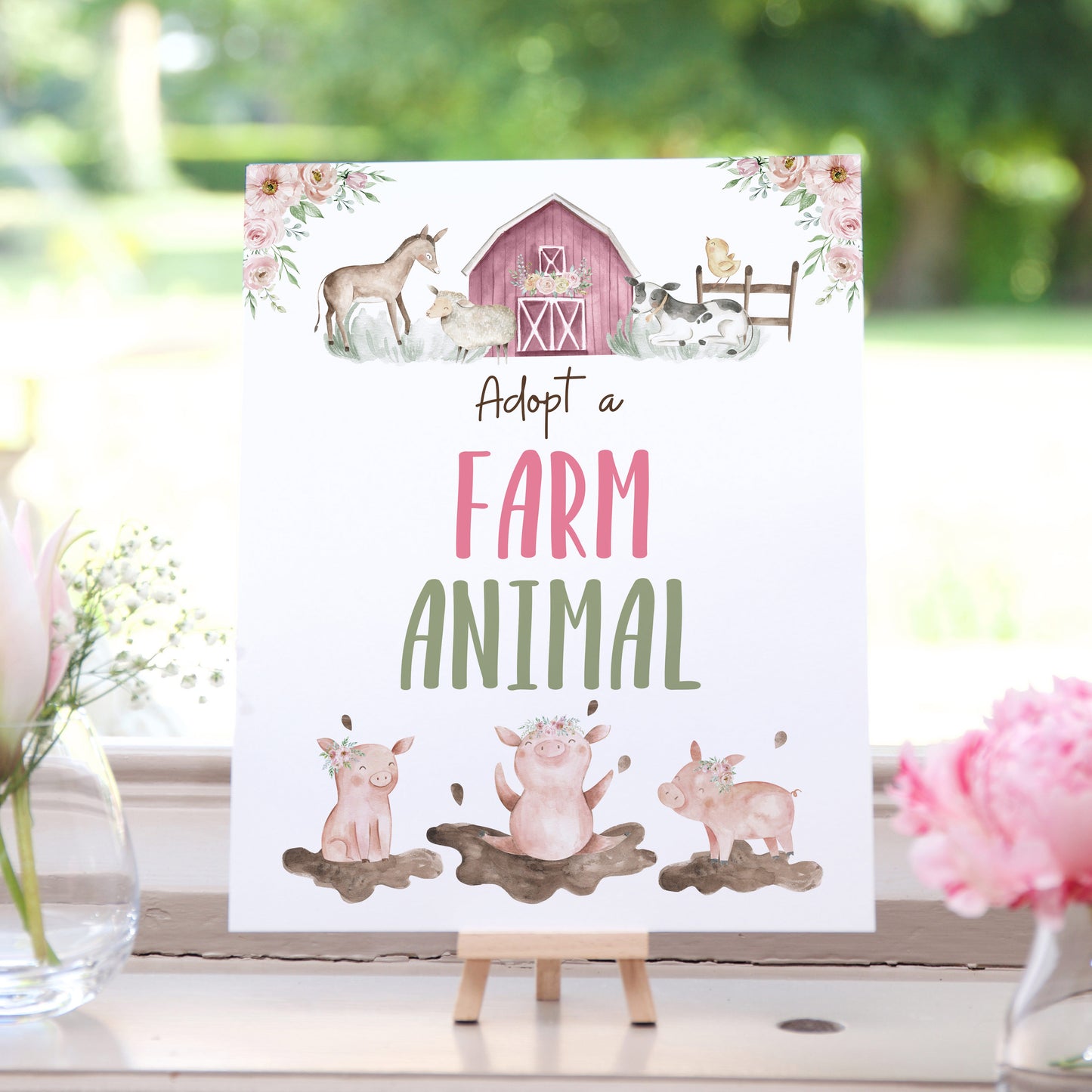 Floral Adopt a Farm Animal Sign | Girl Farm Party Decorations - 11B