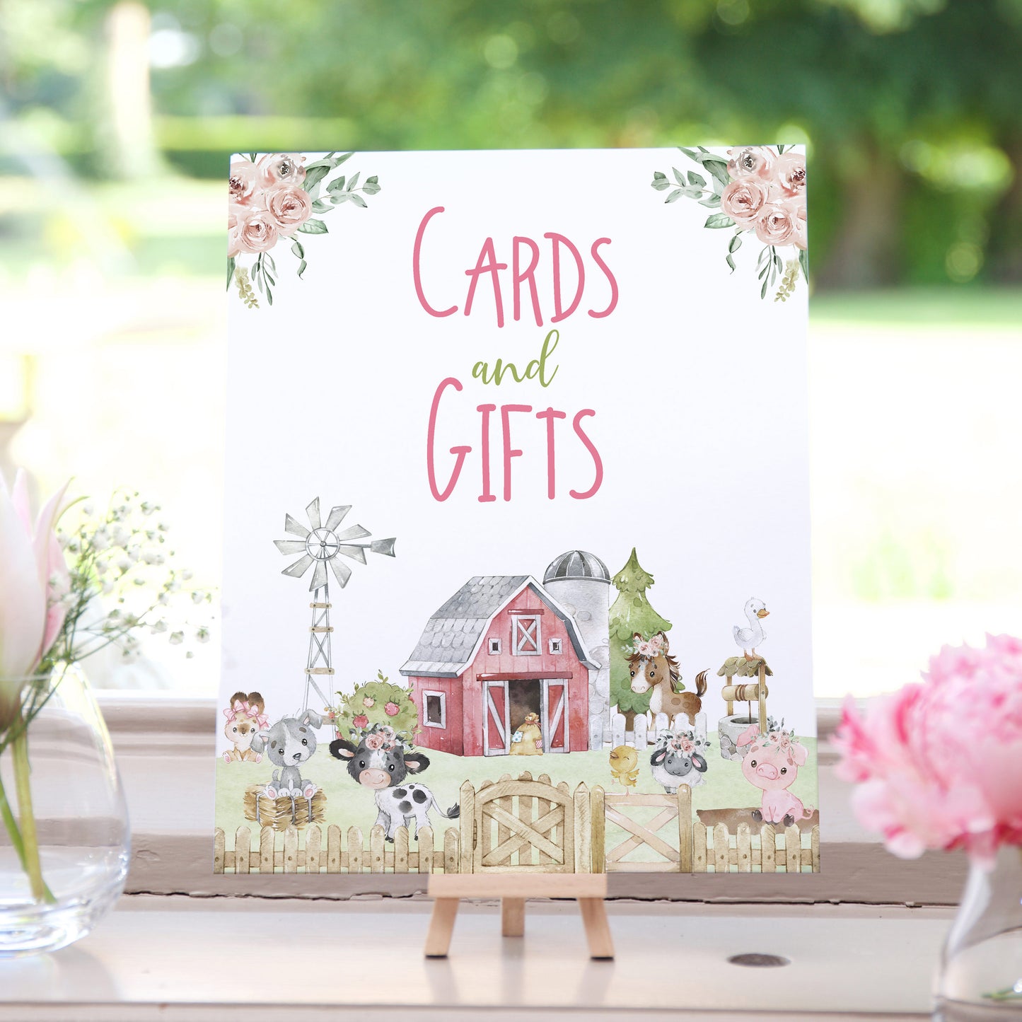 Cards and Gifts Sign Printable | Pink Farm Party Table Decoration - 11C1