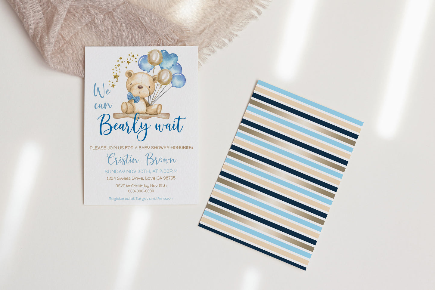 Gold and Blue Teddy Bear Baby Shower Invitation - 76A