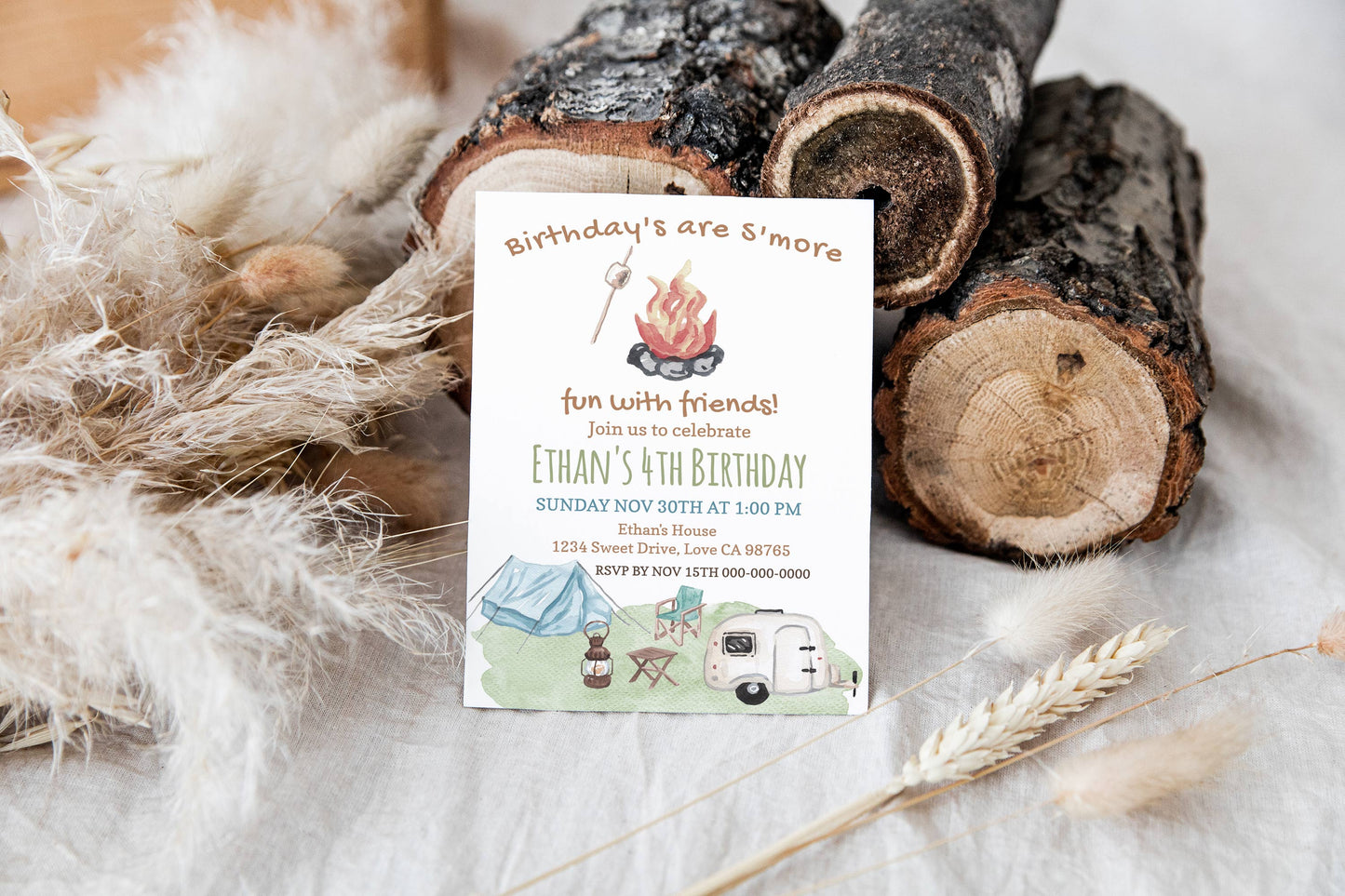 Camping Birthday Invitation | Editable Smores Birthday Party Invite - 04A