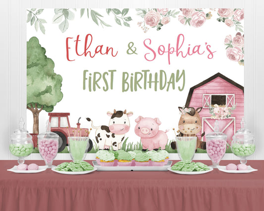 Editable Twins Farm Birthday Backdrop Banner | Siblings Barnyard Party Sign - 11A