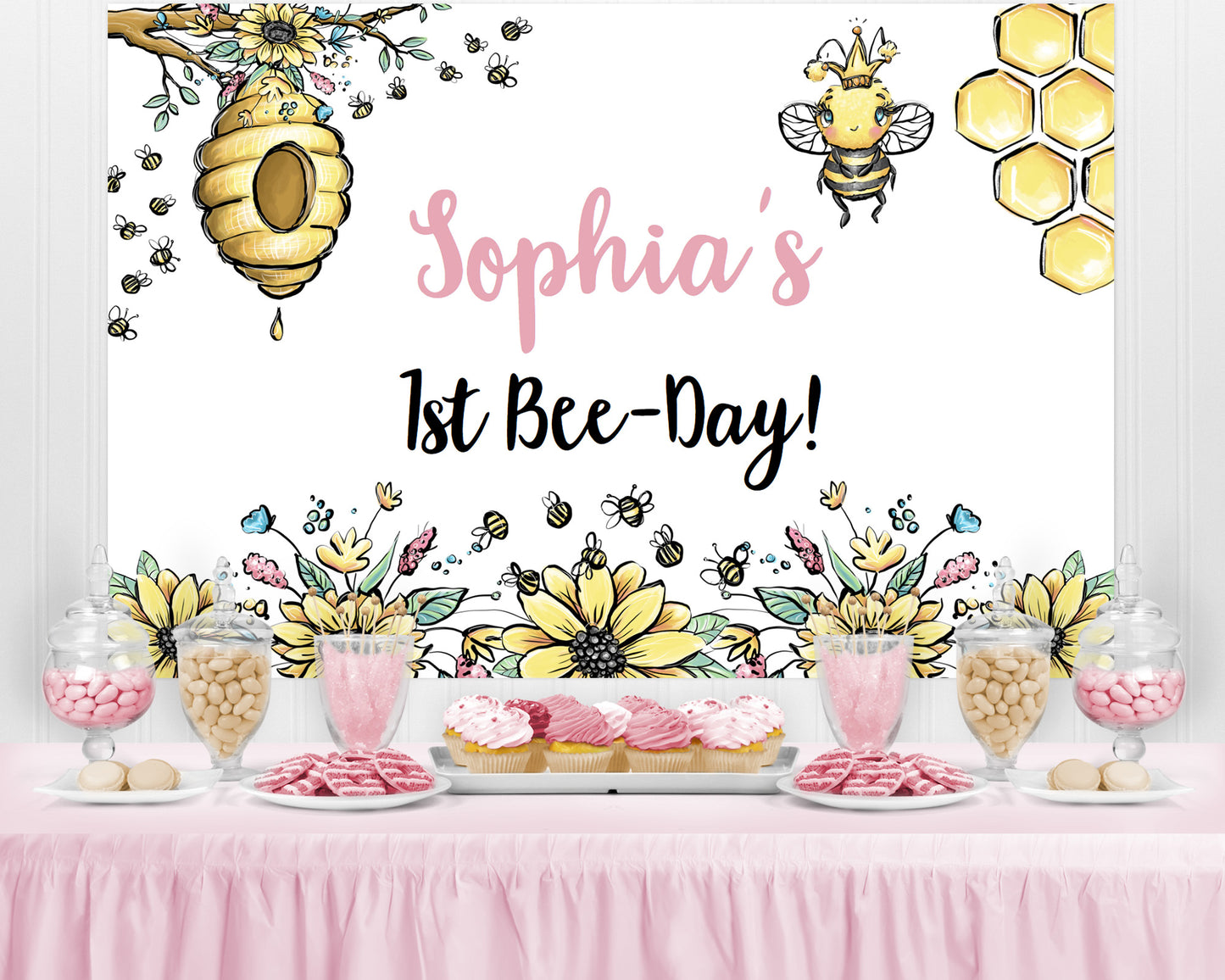 Editable Honey Bee Birthday Backdrop Banner | Bee Party Sign - 61A