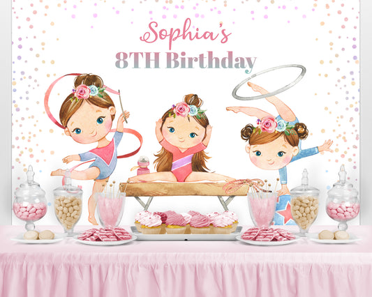 Editable Pink Gymnastic Backdrop | Girl gymnastic Birthday Party Sign - 99A