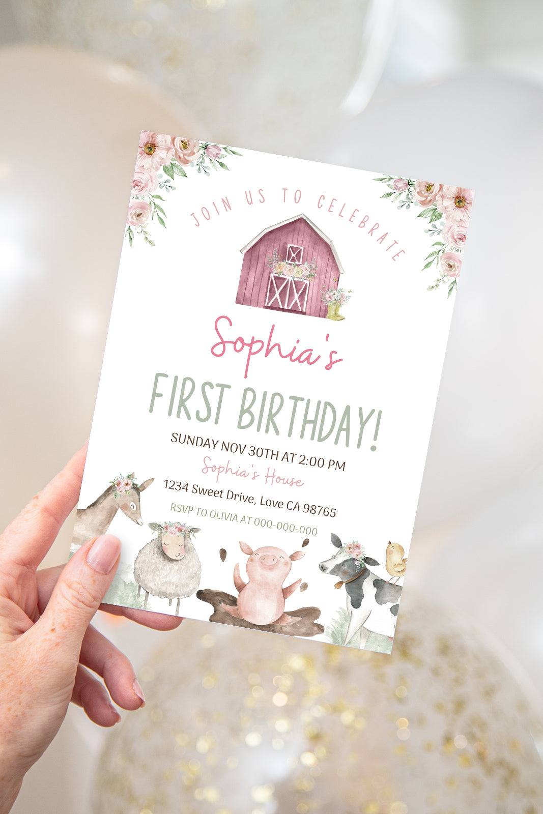 Pink Farm Animals Birthday Invitation | Girl Barnyard Party Invite - 11B