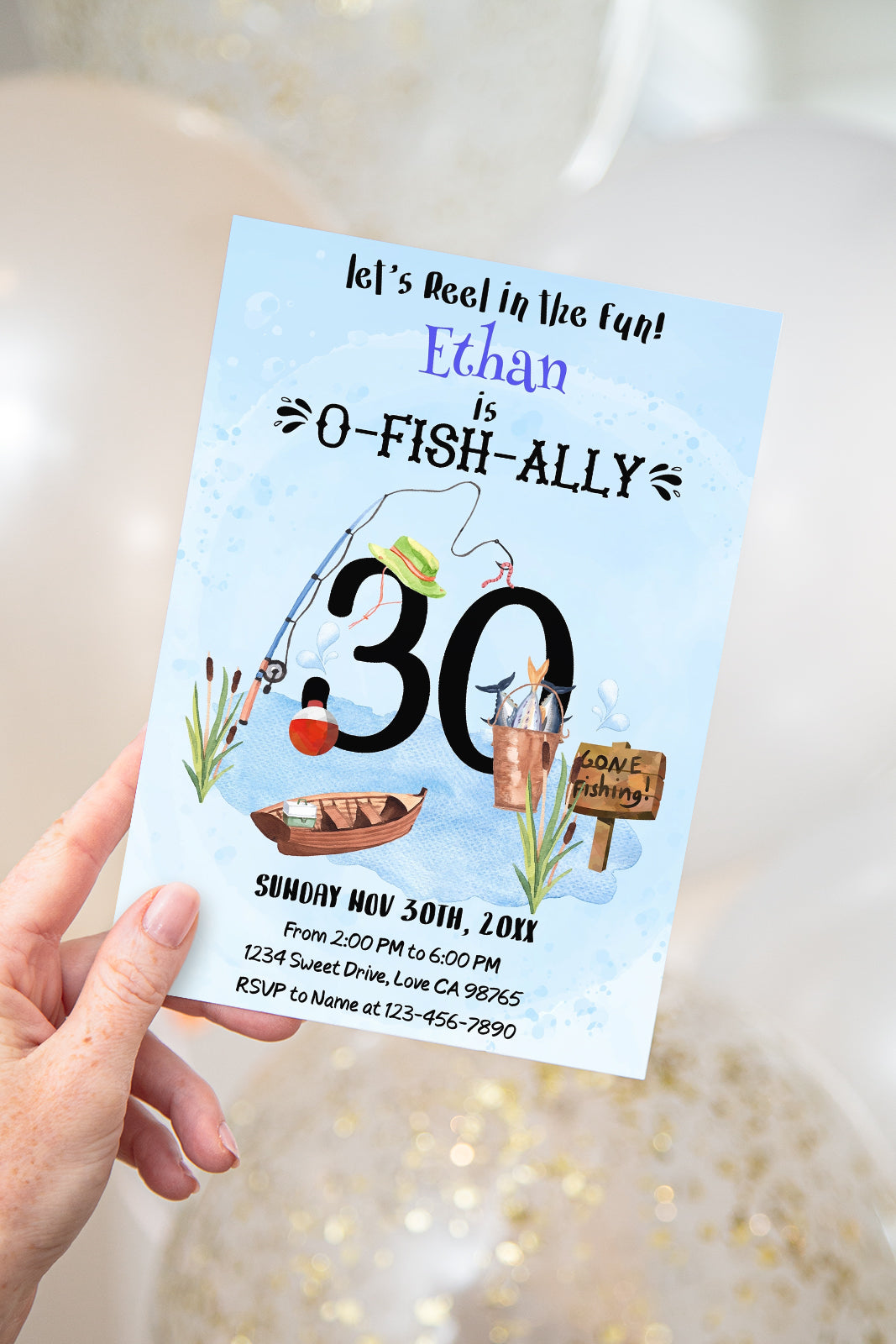 O-Fish-Ally Thirty Birthday Invitation | Editable Fishing Theme Party Invite - 97A