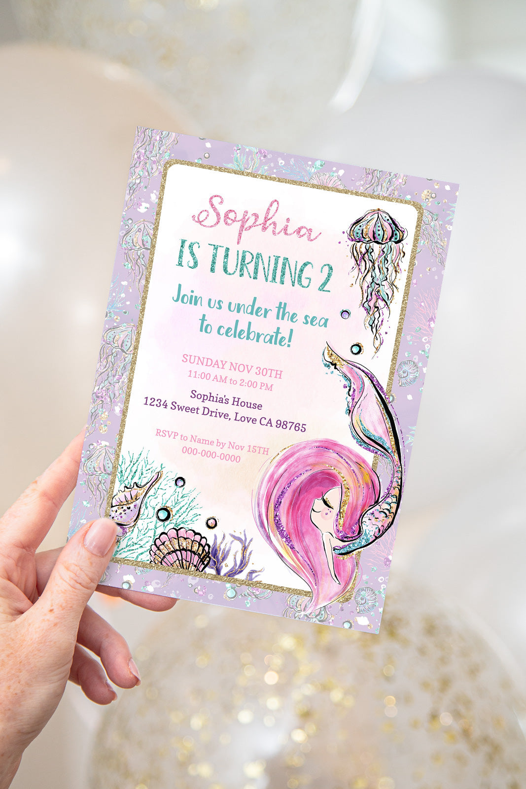Mermaid Party Invitation | EDITABLE Under The Sea Girl Birthday Invite - 20B1