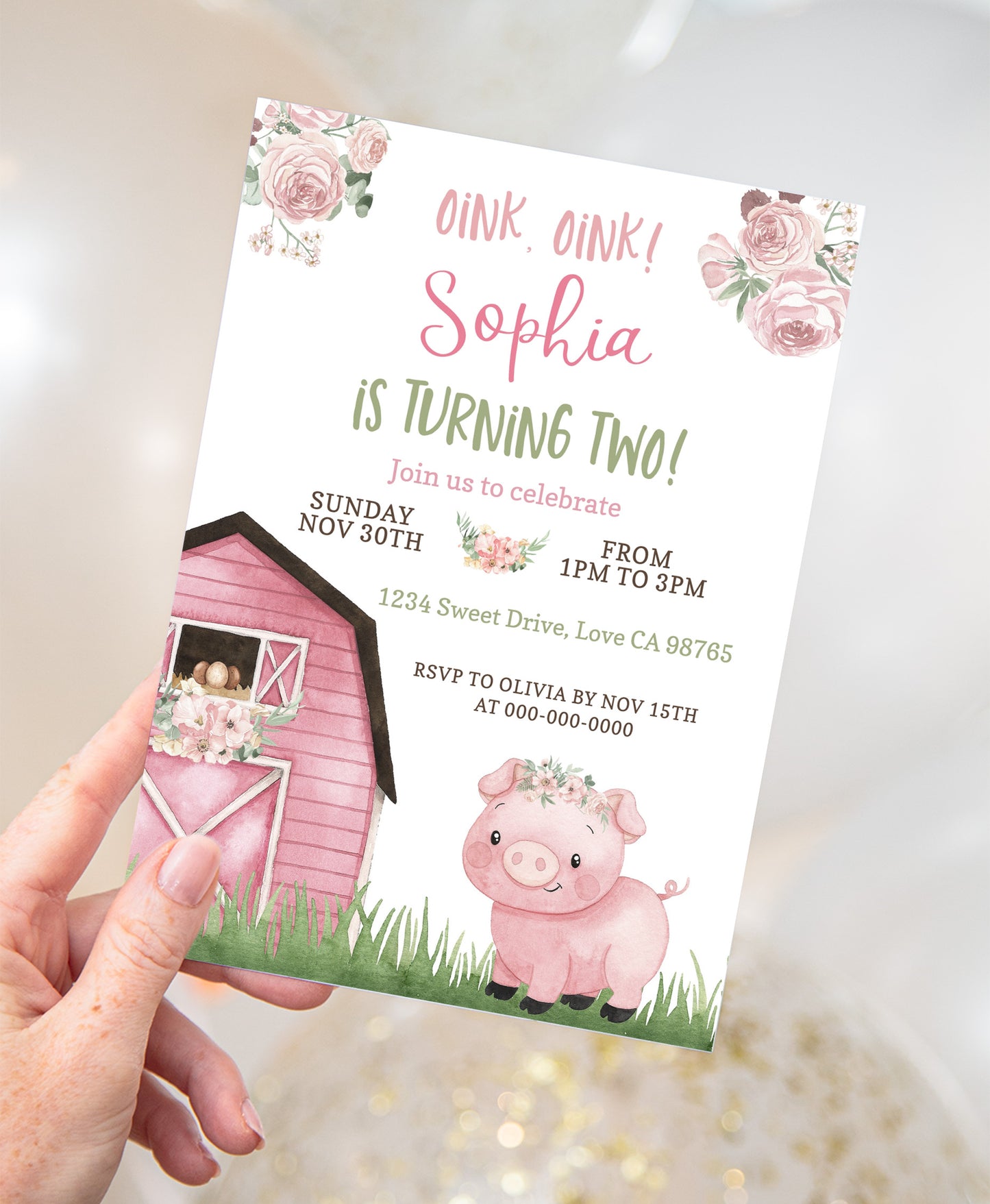 Pig Girl Birthday Invitation | Editable Floral Farm Party Invite - 11A