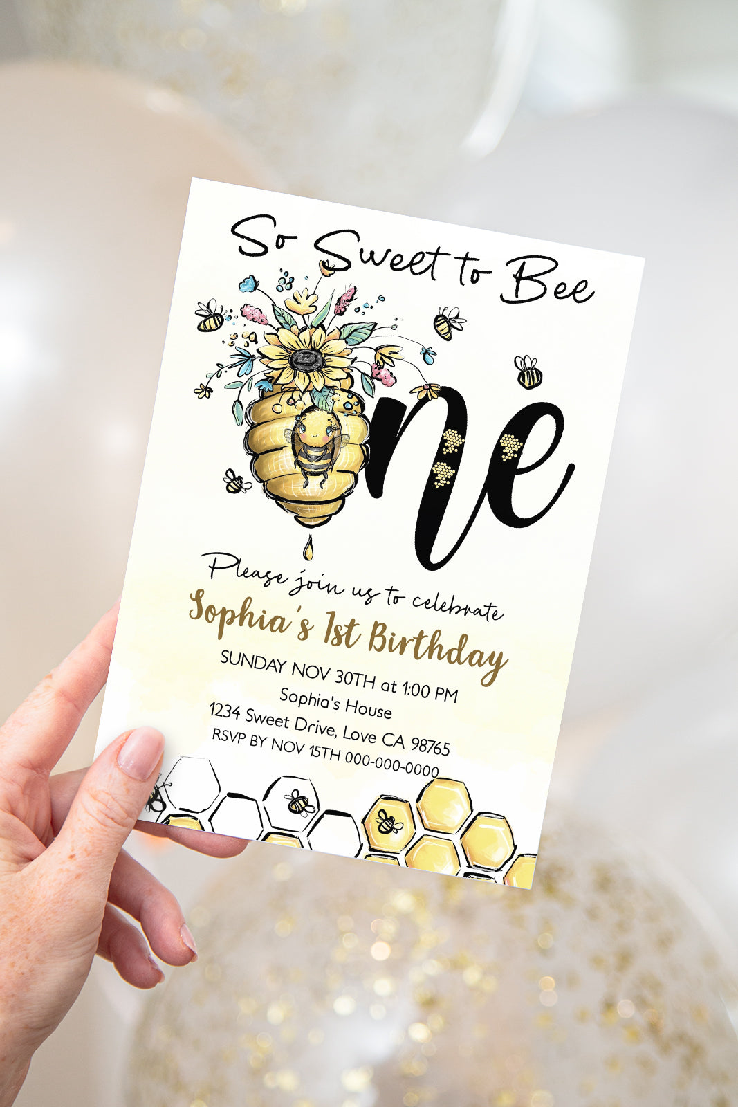 So Sweet to Bee One Editable Invitation | Bee 1st Birthday Party Invite - 61A