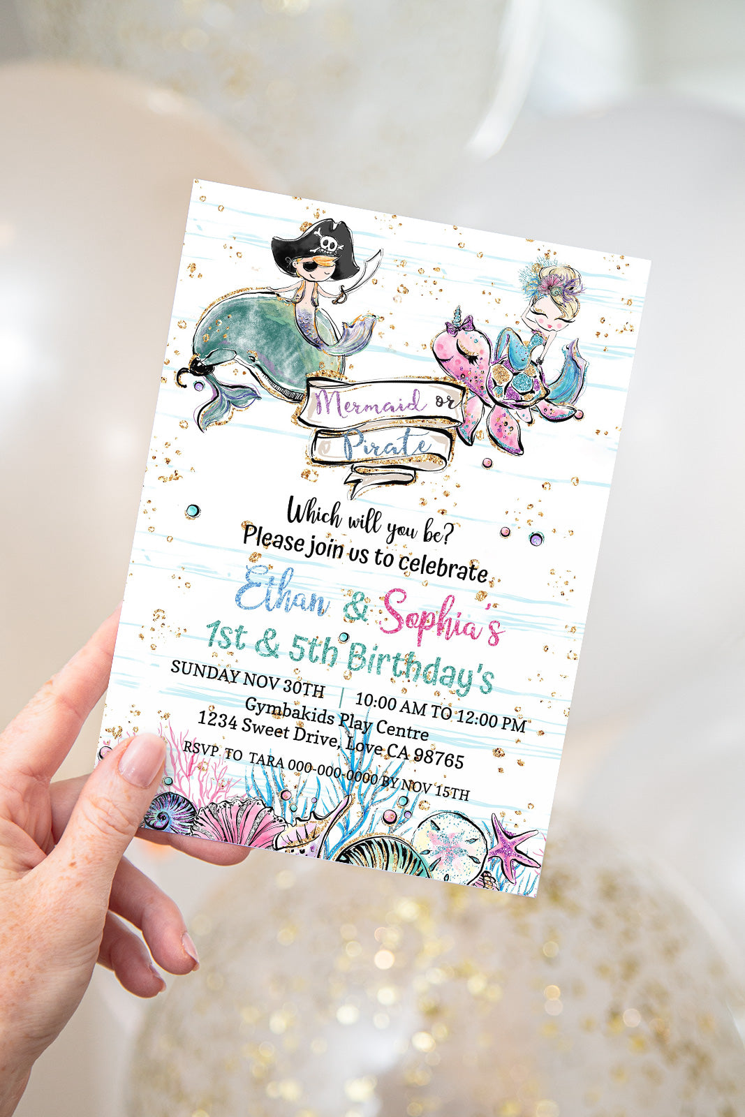 Pirate and Mermaid Party Invitation | EDITABLE Twins Birthday Invite - 20A1