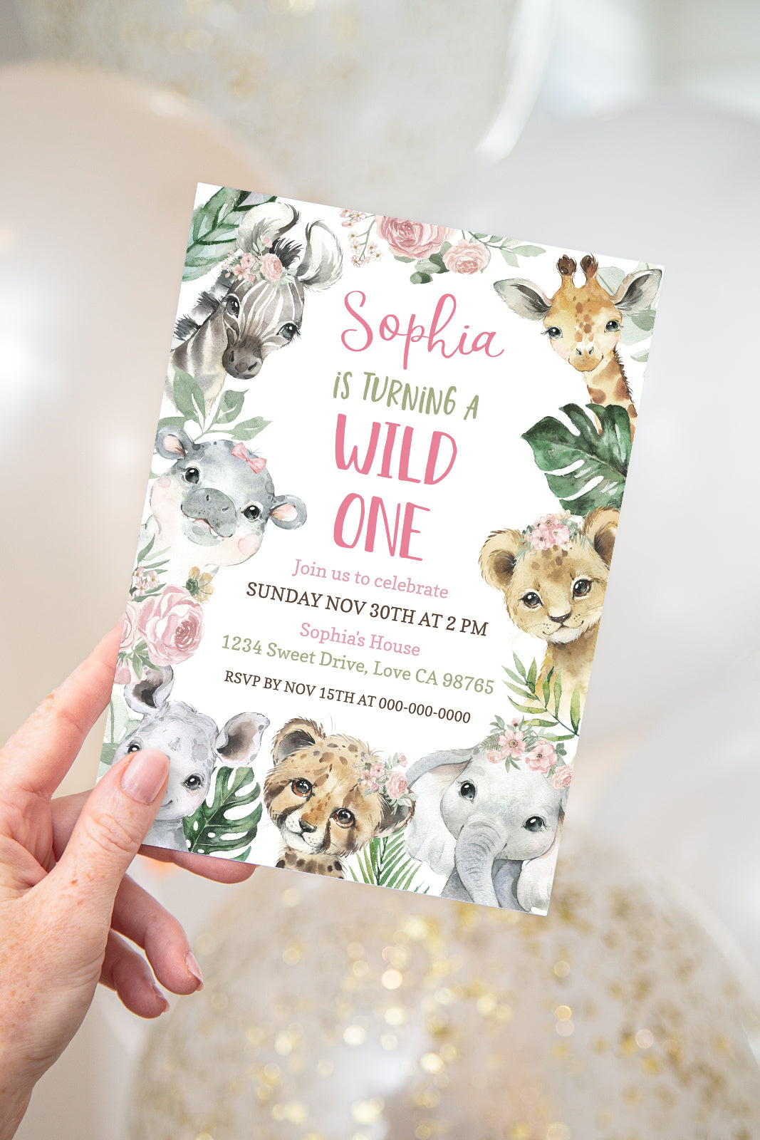 Floral Safari Animals Birthday Invitation | Editable Girl Jungle Party Invite - 35A