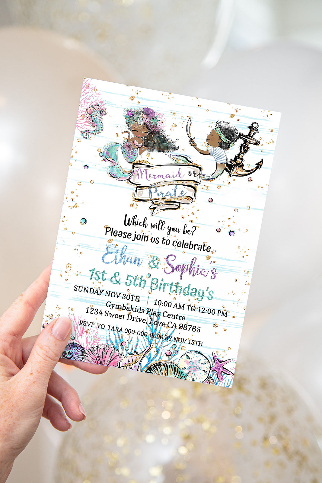 Pirate or Mermaid Birthday Invitation | EDITABLE Twins Birthday Invite - 20A1