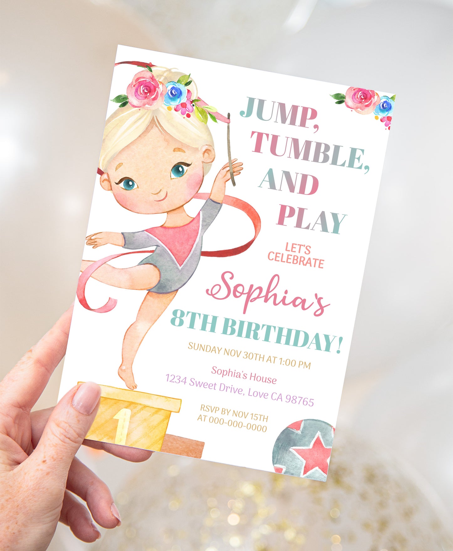 Floral Gymnastic Birthday Invitation Girl | Gymnastic Party Invite - 99A