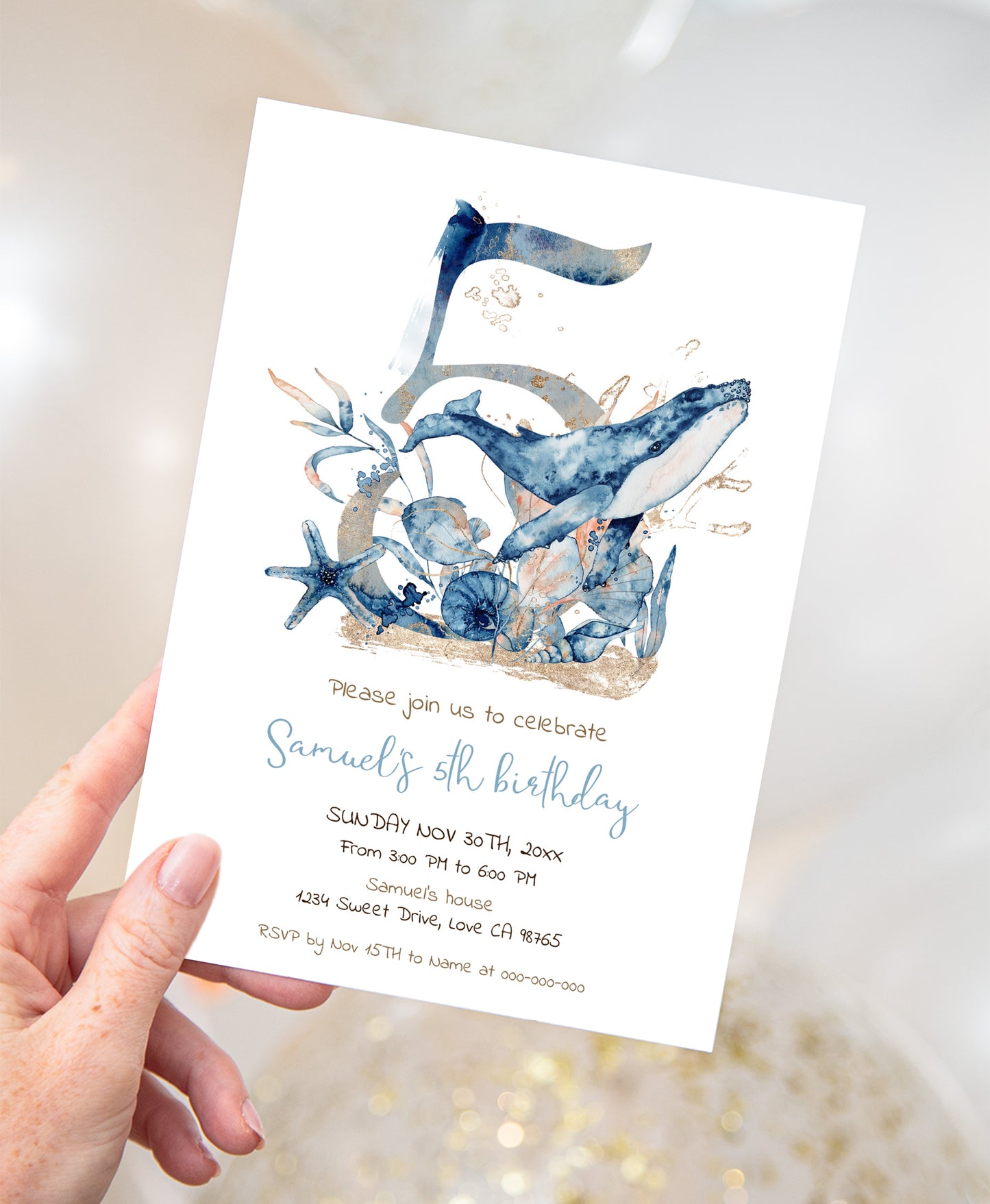 Whale Fifth birthday Invitation | Editable Under the sea Invite - 44C
