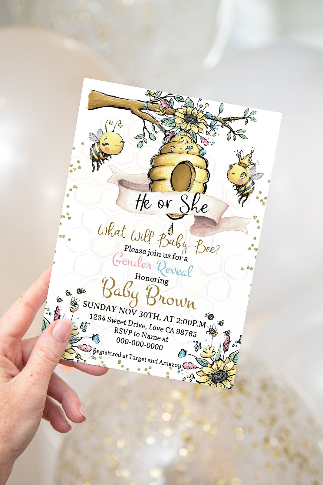 Bee He or She Editable Invitation | Honeycomb Gender Reveal 61A