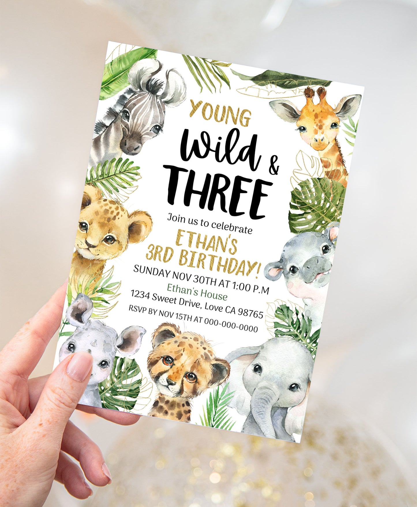 Wild and Three Safari Invitation | Editable Jungle 3rd Birthday Invite - 35A