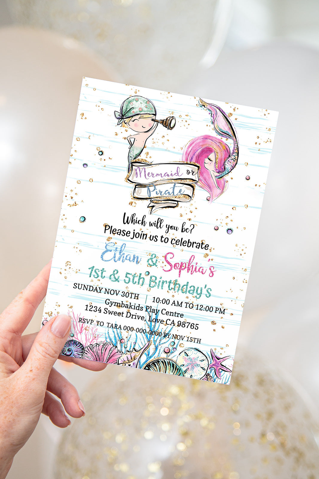 Pirate and Mermaid Birthday Invitation | EDITABLE Brother and Sister Party Invite - 20A1