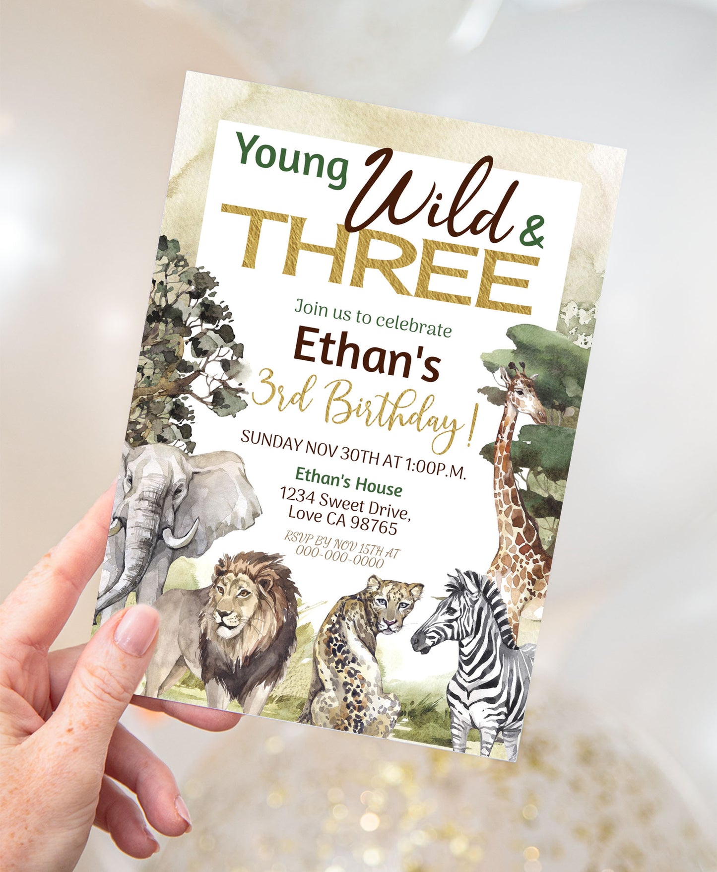 Young wild and three Birthday Invitation | Safari 3rd birthday Party Invite - 35I