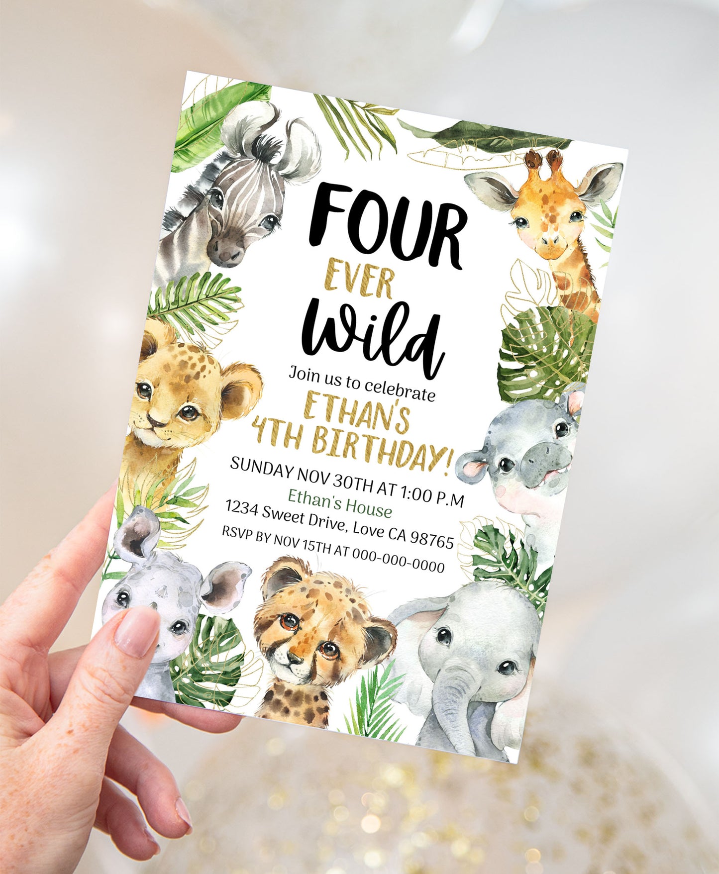 Four Ever Wild Safari Invitation | Editable Jungle 4th Birthday Invite - 35A