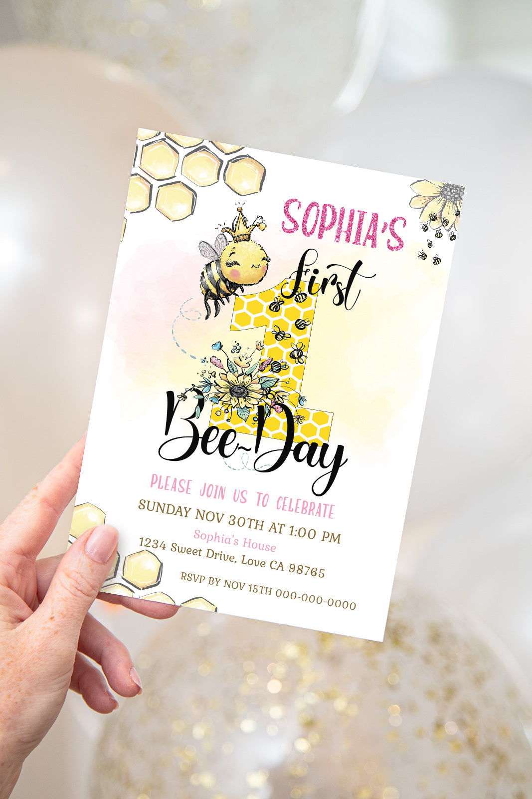 Bee First Birthday Invitation | EDITABLE 1st Bee Day Party Invite - 61A