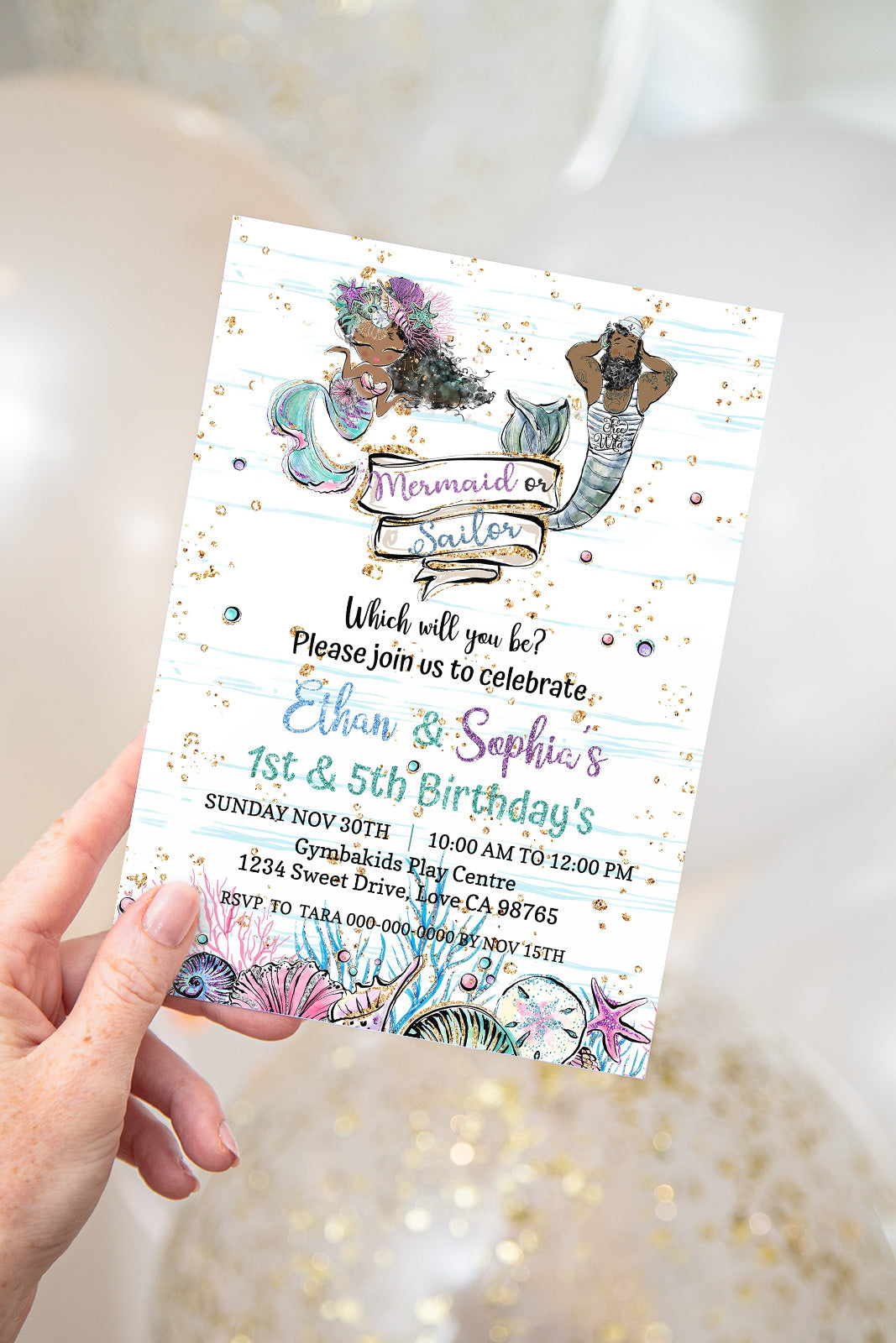 Mermaid or Sailor Party Invitation | EDITABLE Twins Birthday Invite - 20C1