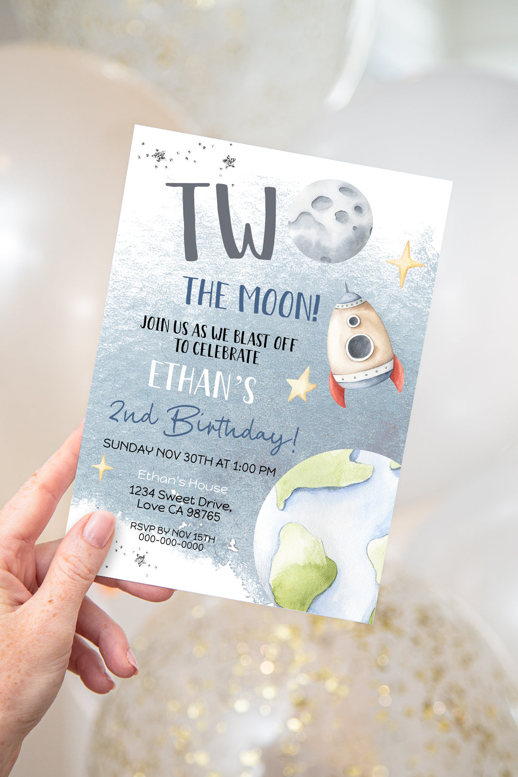 TWO The Moon Birthday Invitation | Space Second Birthday Party Invite - 39B