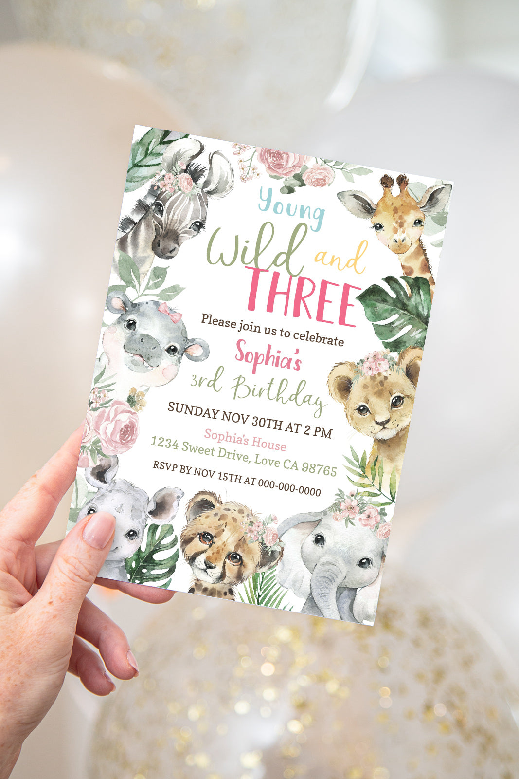 Young Wild and Three Invitation Girl | Floral Safari 3rd Birthday Party Invite - 35A