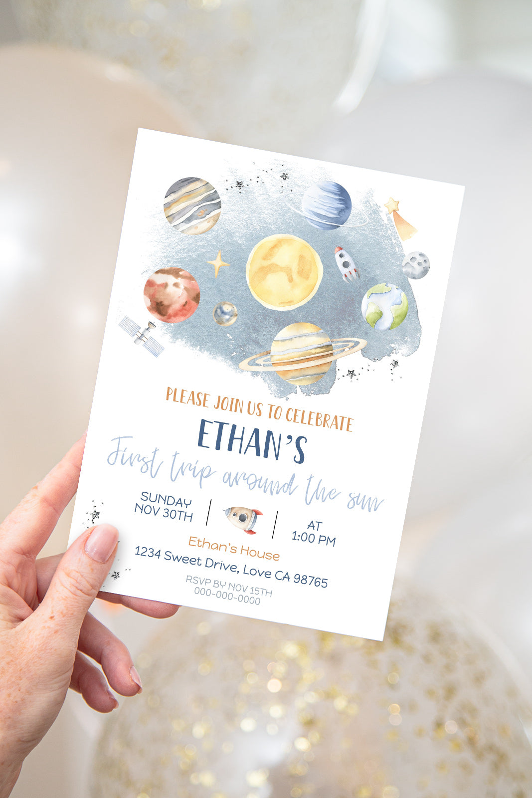 Outer Space First Birthday Invitation | Galaxy Birthday Party Invite - 39B