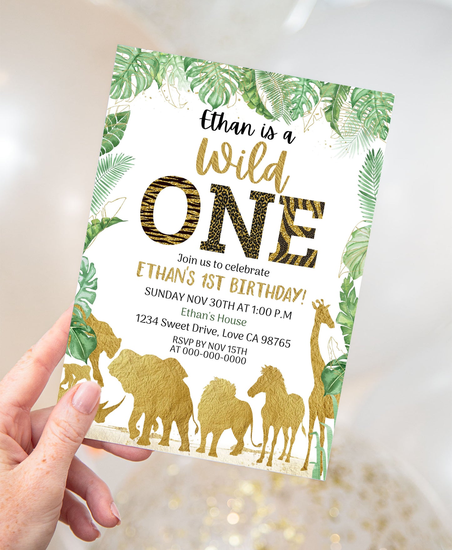 Gold Safari Animals 1st Birthday Invitation | Editable Wild One Birthday Invite - 35K