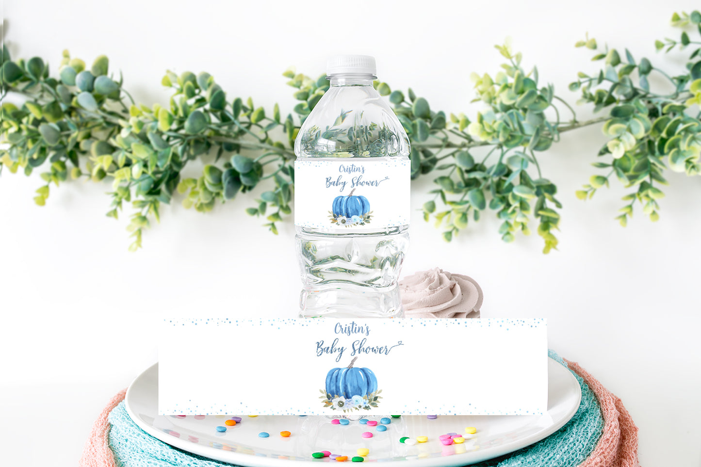 Blue Pumpkin Water Bottle Labels | Editable Fall Baby Shower Decorations - 30B