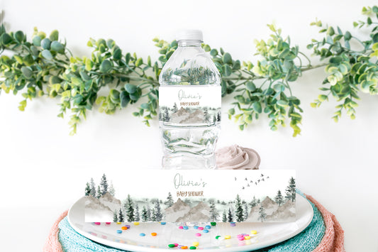 Editable Mountains Water Bottle Labels | Woodland Baby Shower Decorations - 47H