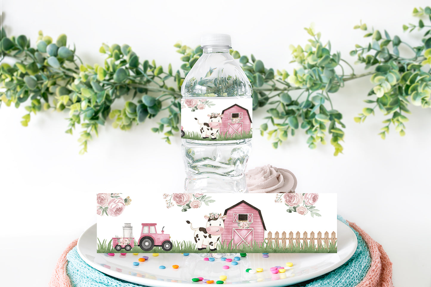 Floral Cow Water Bottle Labels | Girl Farm Themed Party Decorations - 11A